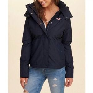 Hollister All-Weather Hooded Jacket Navy Blue Water Resistant Cozy Winter Wear